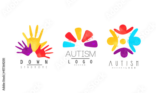 Autism and Down Syndrome Awareness Logo Collection, Kids Center, Charitable Organization Bright Colorful Emblems Vector Illustration