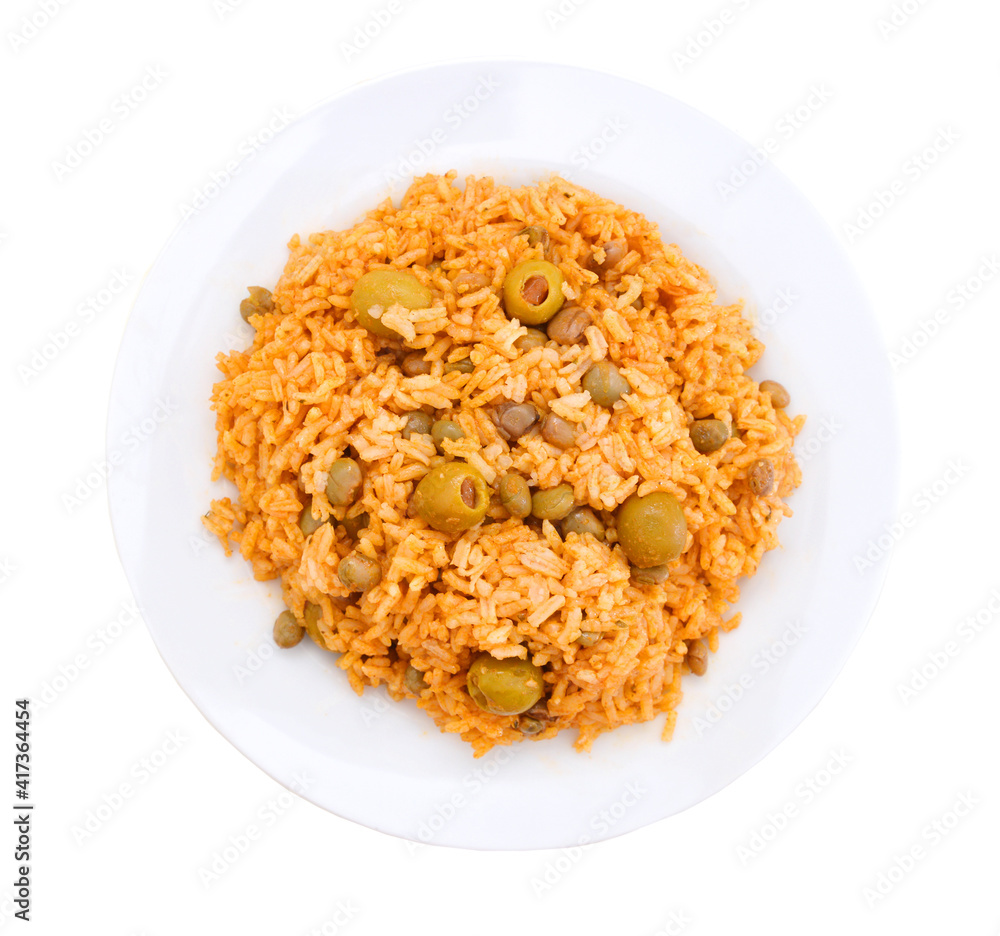 Chicken curry with vegetable curry and rice in plate on white Chicken curry with vegetable curry and rice in plate on white