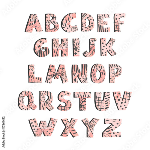 Vector cute graphic colorful alphabet for kids. Can be used as elemets for your design for greeting cards, nursery, poster, card, birthday party, packaging paper design, baby t-shirts prints