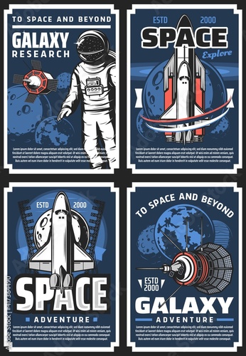 Outer space adventure, galaxy research retro vector posters. Cosmonaut, satellite and shuttle in universe. Spaceman galaxy explorer in spacesuit fly in starry sky with planets. Universe exploration