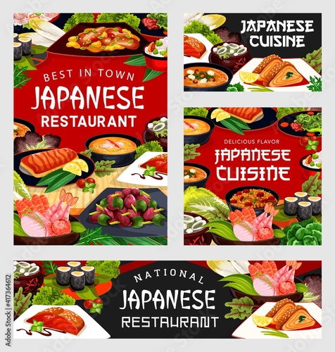 Japanese cuisine food menu, Japan meals and dishes, vector seafood, udon noodles and fish. Japanese cuisine and Asian world kitchen traditional food dishes, misosir soup, kiso slald and yasai tyahan