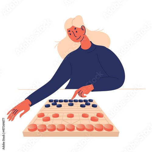 Young woman with long hair playing xiangqi or Chinese chess. Cartoon character isolated on white making the first move isolated on white