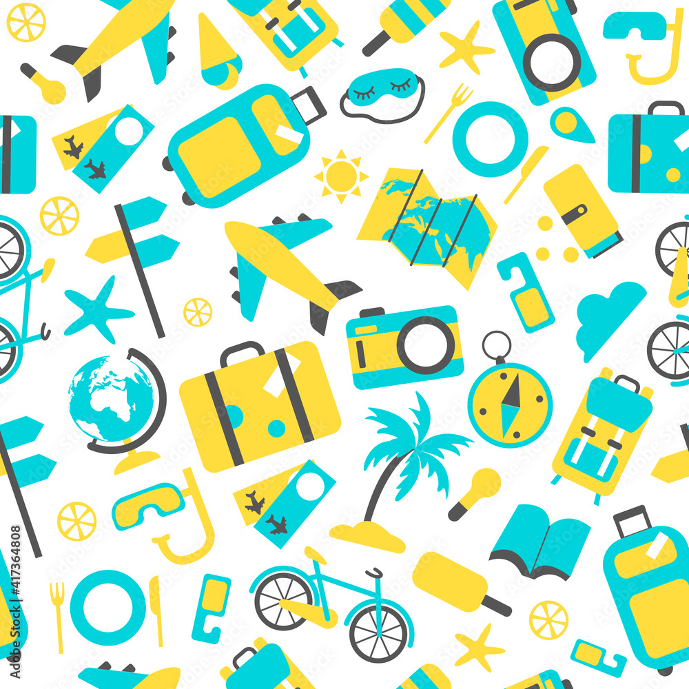 seamless pattern of travel, summer vacation items. illustration in flat style.