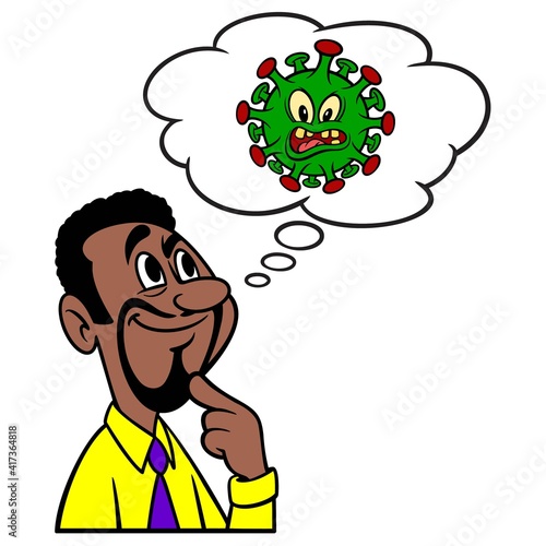 Man thinking about Covid Virus - A cartoon illustration of a man thinking about Covid Virus.