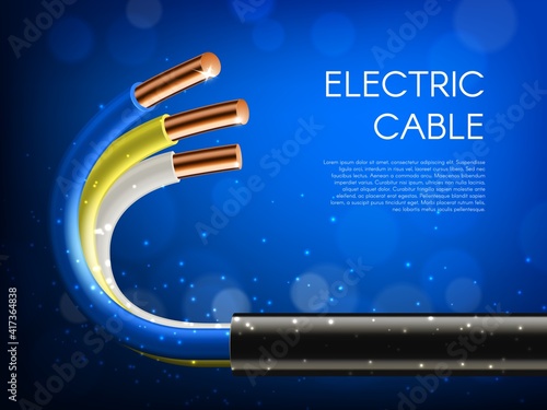 Electric cables laying, electricity supply banner. Electricity line cable wires in black jacket, white, yellow and blue insulation and solid copper conductors, glowing sparkles 3d realistic vector