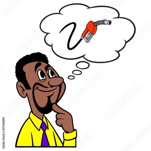 Man thinking about Gas Pump Prices - A cartoon illustration of a man thinking about Gas Pump Prices.
