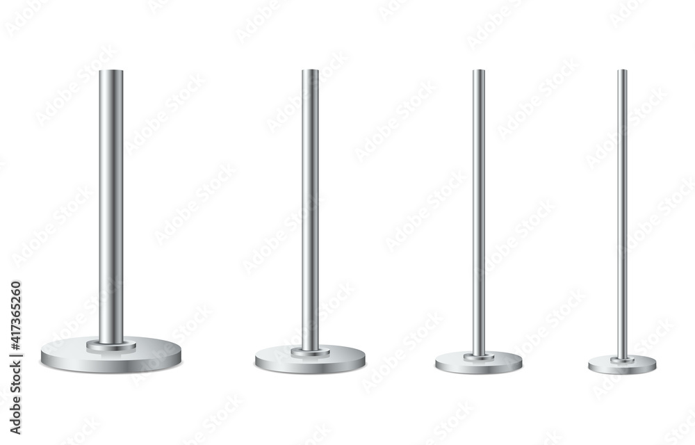 Set of metal poles with different diameters. Realistic detailed 3d metal columns. Steel pipes. Template design for urban advertising banners, billboard, streetlight. Vector illustration Set of metal poles with different diameters. Realistic detailed 3d metal columns. Steel pipes. Template design for urban advertising banners, billboard, streetlight. Vector illustration