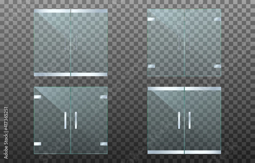 Set of realistic transparent double glass doors isolated on transparent background. Mock up template design for office building, shop, fashion boutique, mall, store. Vector illustration