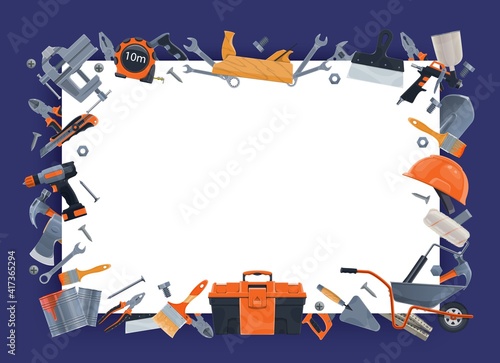 Wallpaper Mural Tools for construction, repair and house renovation works banner. Plane, wrenches and spatula, paint brush, roller and player, utility knife, wheelbarrow and power screwdriver, safety helmet vector Torontodigital.ca