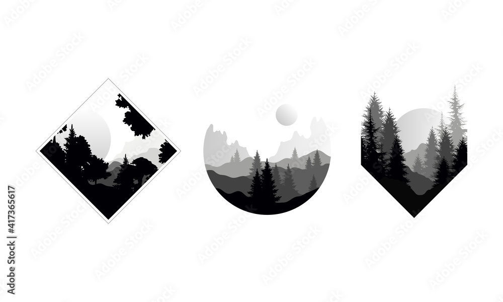Set of Beautiful Monochrome Landscapes in Geometric Shapes, Mountain Scenes with Silhouettes of Coniferous Trees Vector Illustration