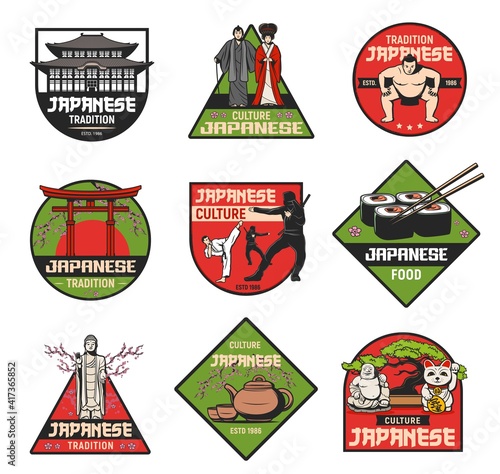 Japanese culture and traditions vector retro icons. Japan famous landmarks, sightseeing, touristic attractions, architecture and costumes. Asian historical monuments, sumo championship, tea ceremony