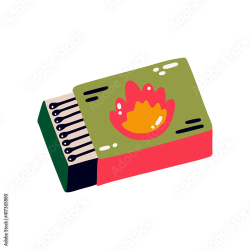 A cartoon box of matches. Illustration of matches. Cute campfire. Flat vector illustration isolated on a white background
