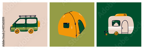 Illustration of a mobile home, tent, trailer. travel by car. Camping. cartoon style. Ready-made cards. Flat vector illustration isolated on a white background
