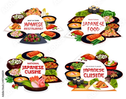 Japanese cuisine food Japan dishes restaurant menu, vector seafood, udon noodles and fish meals. Japanese cuisine traditional food menu, chicken and beef meat, kaiso salad and suimono, world kitchens