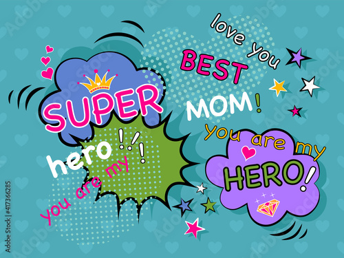 Super mom, super hero, best mom, concept design for happy mother's day poster, frame, card, comic book, pop art, retro vintage style