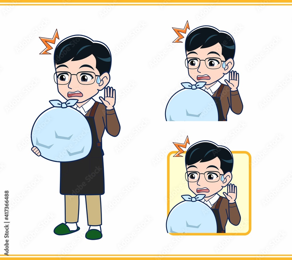 エプロンをしたアルバイトの男性 エプロンをしたアルバイトの男性
