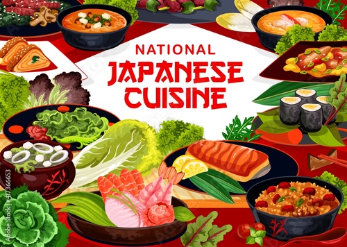 Japanese cuisine food menu, Japan restaurant seafood, noodles and meat meals, vector Asian world cuisines. Japanese fish and shrimp sashimi, cream corn soup with crab and amitsu furutsu dessert