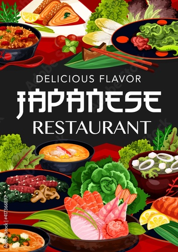 Japanese cuisine food menu, Japan restaurant seafood, noodles and meat meals, vector cover. Japanese cuisine suimono and yasai tyahan, nabe from smoked eel and chicken liver, fish and shrimp sashimi