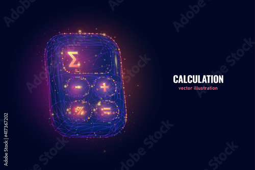 Calculate total price digital wireframe made of connected dots. Calculator low poly vector illustration with neon glowing on blue background.