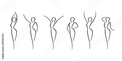 Woman body outline icons set. Various female line silhouettes, model, figure. Abstract image of girl sign for wellness center, sport, dance, beauty salon and spa. Vector isolated illustration
