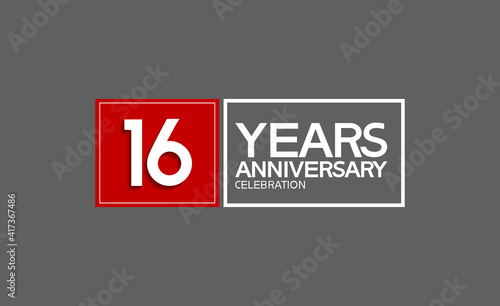 16 years anniversary in square with white and red color for celebration isolated on black background