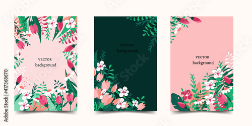 Vector abstract set of bright cards with leaves and flowers. Design templates for covers, social networks, advertising and promotion. Place for text