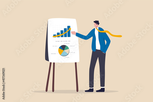 Business presentation, professional speaker to present work progress or investment portfolio concept, smart businessman present business analysis report on whiteboard in company meeting or conference.