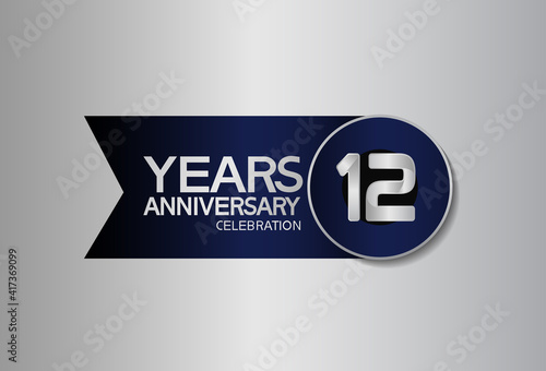 12 years anniversary logo style with circle and big ribbon blue color for celebration moment