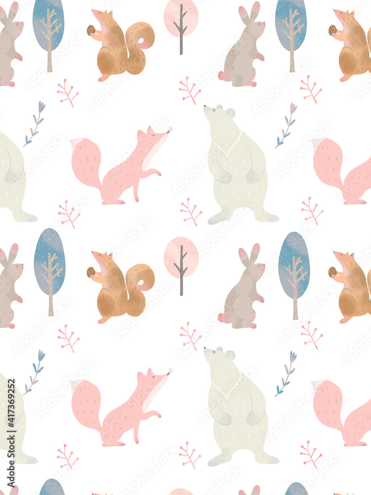 かわいい春の北欧風花柄と動物のパターンイラスト素材 Ilustracion De Stock Adobe Stock