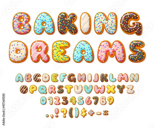 Donut font. Sweets letters, bakery text numbers alphabet. Cake and cookies, isolated baby glazed dessert. Color 3d pastry recent vector set. Illustration sugary english abc and numbers