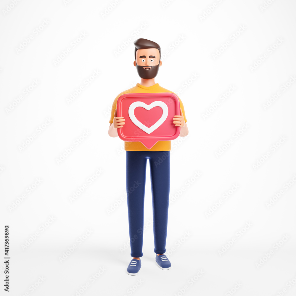 Handsome cartoon beard character man in yellow shirt holding red like icon with heart shape symbol isolated over white background.