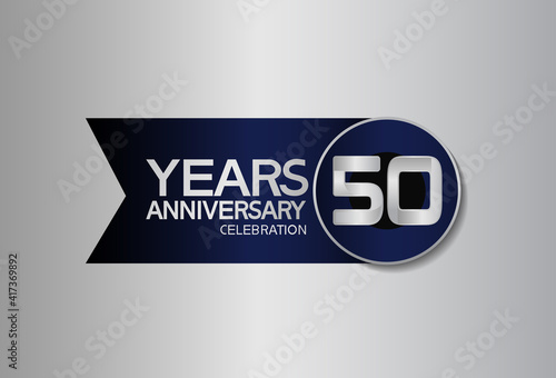 50 years anniversary logo style with circle and big ribbon blue color for celebration moment