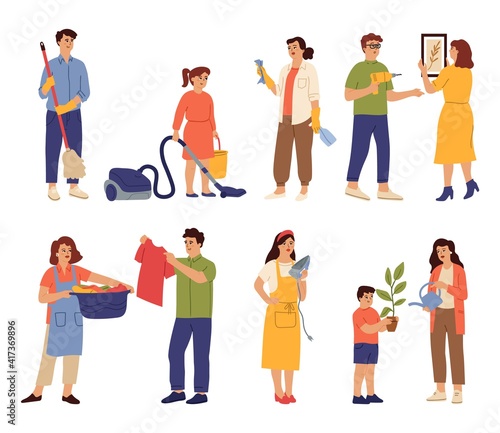 Household characters. Baby cleaning vacuum, mom dad washing clothes. People doing housework, woman with iron cleaner basket swanky vector set. Housekeeping and housework family together illustration