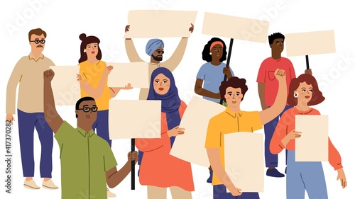 People demonstration crowd. Protesters placards. Caucasian persons holding banners. International or multicultural meeting vector . Illustration afroamerican and indian people with placard
