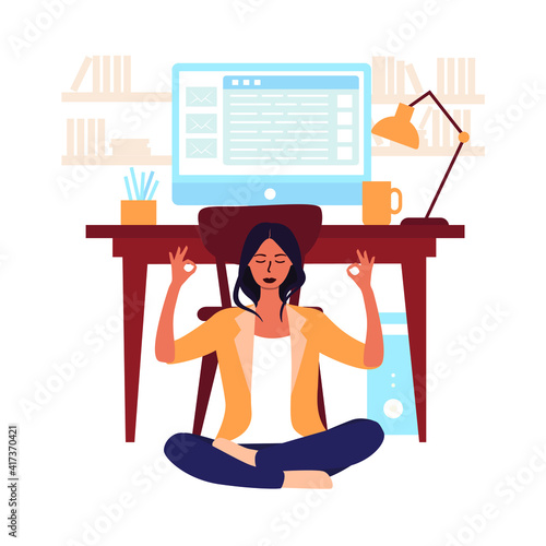 Vector illustration of a businesswoman meditating on the floor near a desk to relax due to stress. The concept of relaxation and meditation during the working day to avoid emotional burnout