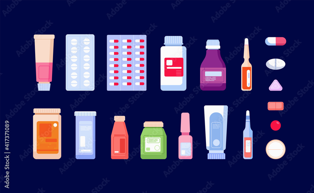 Pharmaceutical medications. Pharmacy bottle, medicinal drug and pills. Cartoon painkiller, drugstore antibiotic injections utter vector icons. Illustration medicine bottle, medical pharmaceutical pill Pharmaceutical medications. Pharmacy bottle, medicinal drug and pills. Cartoon painkiller, drugstore antibiotic injections utter vector icons. Illustration medicine bottle, medical pharmaceutical pill