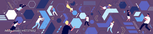 Coworking process. Working abstract puzzle, teamwork or collaboration problems. Flat geometric shape, cartoon partnership utter vector banner. Illustration process team connection puzzle and coworking