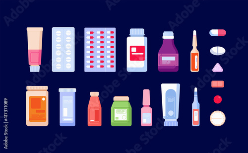 Pharmaceutical medications. Pharmacy bottle, medicinal drug and pills. Cartoon painkiller, drugstore antibiotic injections utter vector icons. Illustration medicine bottle, medical pharmaceutical pill