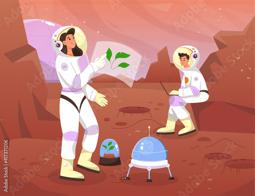 Scientist astronauts on Mars. Cosmonauts grow plants on red planet