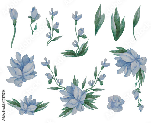 Floral pattern set. Clipart of botanical plants, blue flowers, buds, branches and leaves on a white background. Watercolor. For festive design, cards, decor, packaging, printing, scrapbooking.