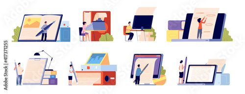 Authors concept. Blogger professional, book writers or cartoon copywriter. Creative literature poetry editing, genius imagination utter vector scenes. Illustration author and journalist write book