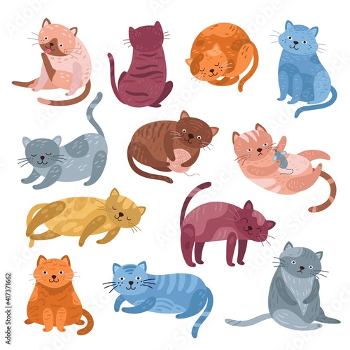Adorable cats characters. Cute cat, funny isolated kitten lying playing or relaxation. Animal meow, cartoon fluffy pets exact vector collection. Illustration cartoon meow cat, feline animal pose