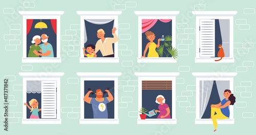People in windows. Home open window, old person looking out from house. Apartment community, self safety time or lockdown decent vector concept. Illustration neighborhood apartment quarantine