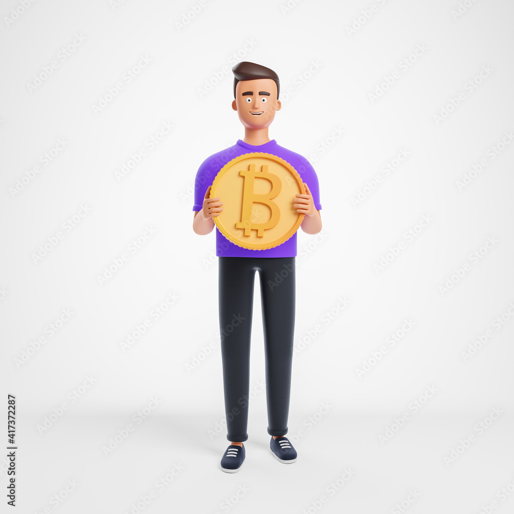 Handsome cartoon character man in purple shirt holding bitcoin isolated over white background. Blockchain and cryptocurrency investment concept. Handsome cartoon character man in purple shirt holding bitcoin isolated over white background. Blockchain and cryptocurrency investment concept.