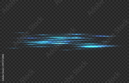 Light speed lines. Blue glow in dark stripes, laser stream, car fast motion trail effect, dark backdrop with flash, power tails isolated vector illustration on transparent background