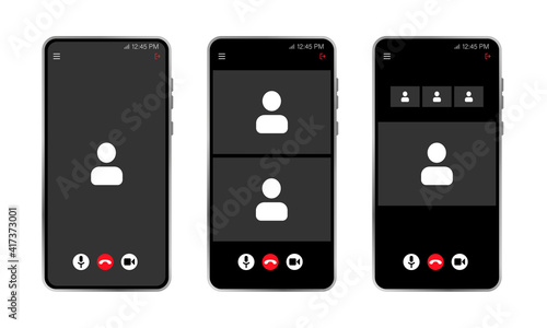 Group video meeting UI, video conference calls window overlay. Three phone screen