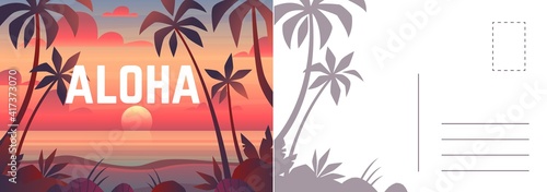 Aloha postcard. Card with summer landscape, seaside sunset and palm. Tropical paradise and outdoor recreation letter template, vector vacation invitation and greeting cartoon illustration
