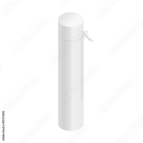 Isometric vector illustration blank bottle with construction foam spray mock up isolated on white background. Realistic PU foam tube icon in flat cartoon style. PU foam tube mockup template. 