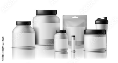Sport food silver packaging. Healthy nutrition plastic containers composition, protein supplements and vitamin products with blank empty labels. Branding template vector isolated mockup