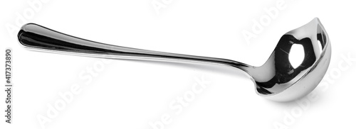 Metal kitchen ladle isolated on white background photo